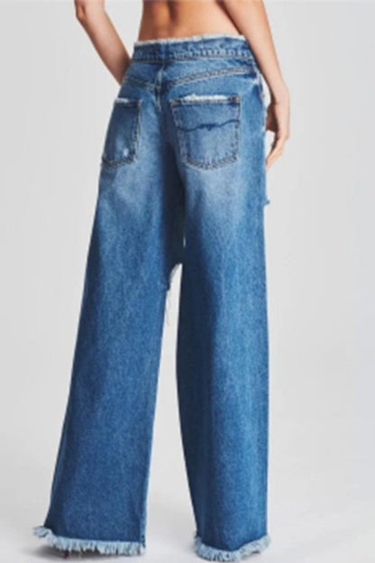 Casual Solid Ripped Patchwork Mid Waist Regular Denim Jeans (Subject To The Actual Object) Furdela