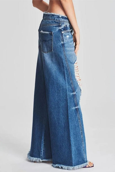 Casual Solid Ripped Patchwork Mid Waist Regular Denim Jeans (Subject To The Actual Object) Furdela