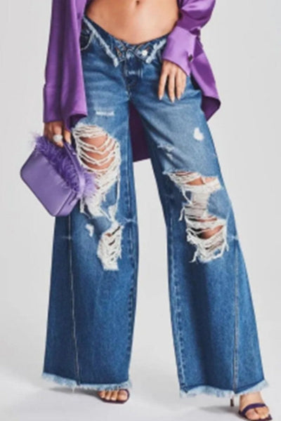 Casual Solid Ripped Patchwork Mid Waist Regular Denim Jeans (Subject To The Actual Object) Furdela