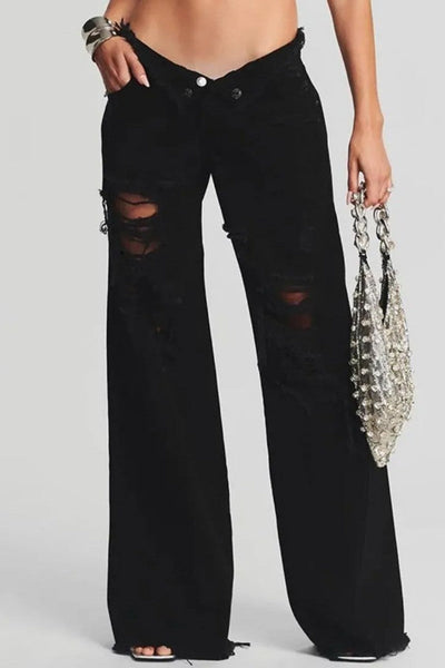 Casual Solid Ripped Patchwork Mid Waist Regular Denim Jeans (Subject To The Actual Object) Furdela