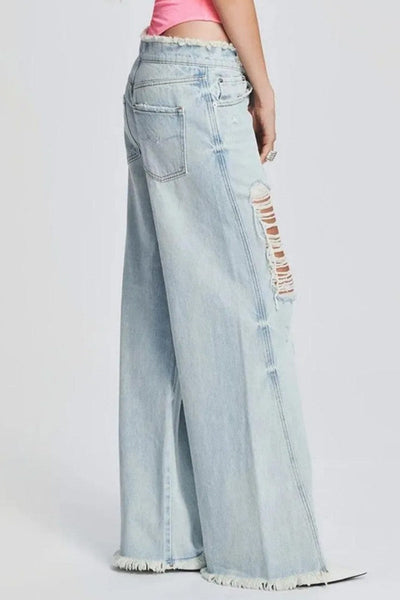 Casual Solid Ripped Patchwork Mid Waist Regular Denim Jeans (Subject To The Actual Object) Furdela