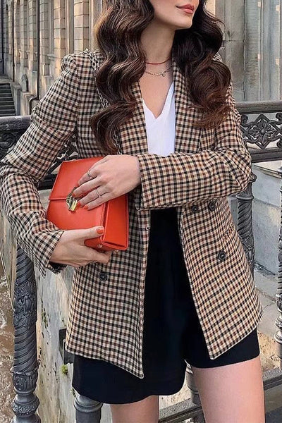 Casual British Style Plaid Striped Pocket Buckle Turn-back Collar  Outerwear YE9845