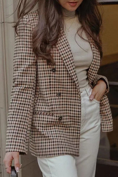 Casual British Style Plaid Striped Pocket Buckle Turn-back Collar  Outerwear YE9845