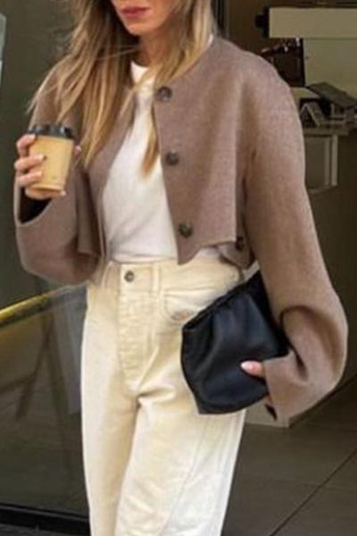 Casual British Style Solid Buttons O Neck Outerwear YE9849