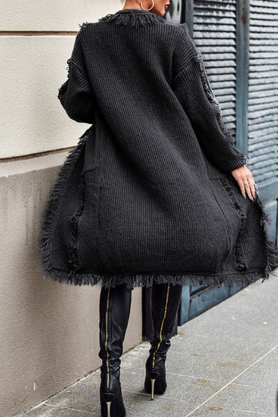 Casual Solid Tassel Patchwork Pocket Cardigan Collar Outerwear YE9859