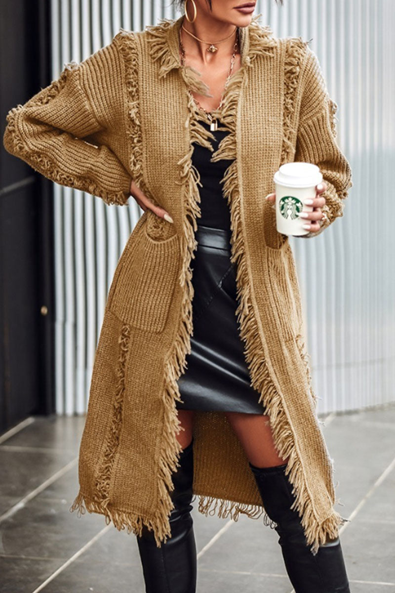 Casual Solid Tassel Patchwork Pocket Cardigan Collar Outerwear YE9859