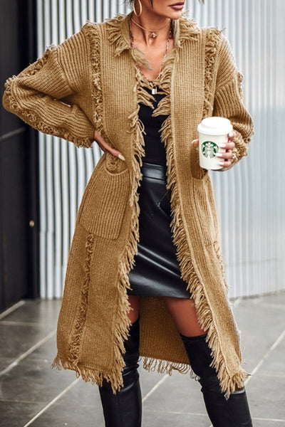 Casual Solid Tassel Patchwork Pocket Cardigan Collar Outerwear YE9859