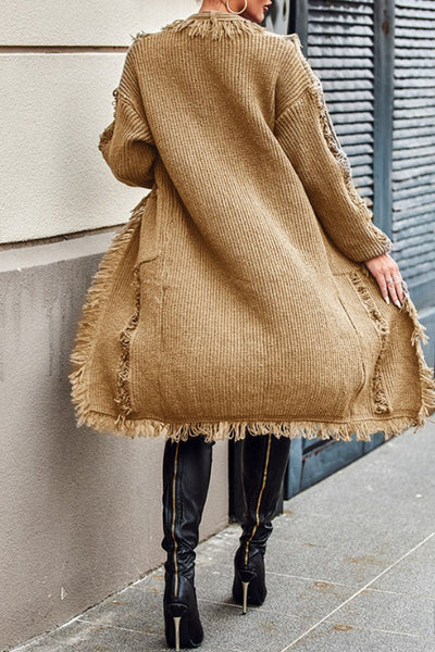 Casual Solid Tassel Patchwork Pocket Cardigan Collar Outerwear YE9859