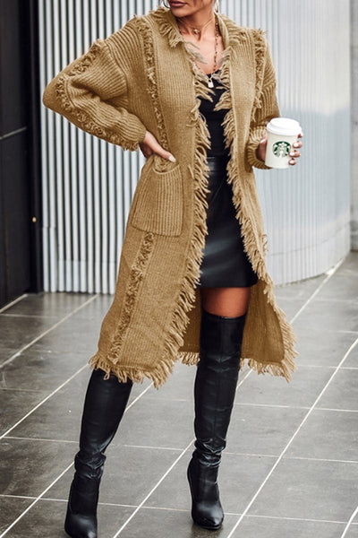 Casual Solid Tassel Patchwork Pocket Cardigan Collar Outerwear YE9859