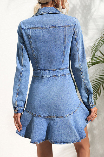 Elegant Solid Patchwork Turndown Collar Long Sleeve Denim Dresses Furdela