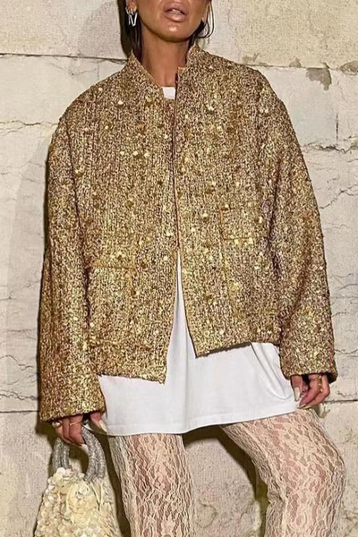 Elegant Solid Sequined Mandarin Collar Outerwear YE9862