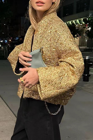 Elegant Solid Sequined Mandarin Collar Outerwear YE9862