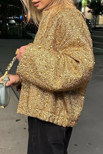 Elegant Solid Sequined Mandarin Collar Outerwear YE9862