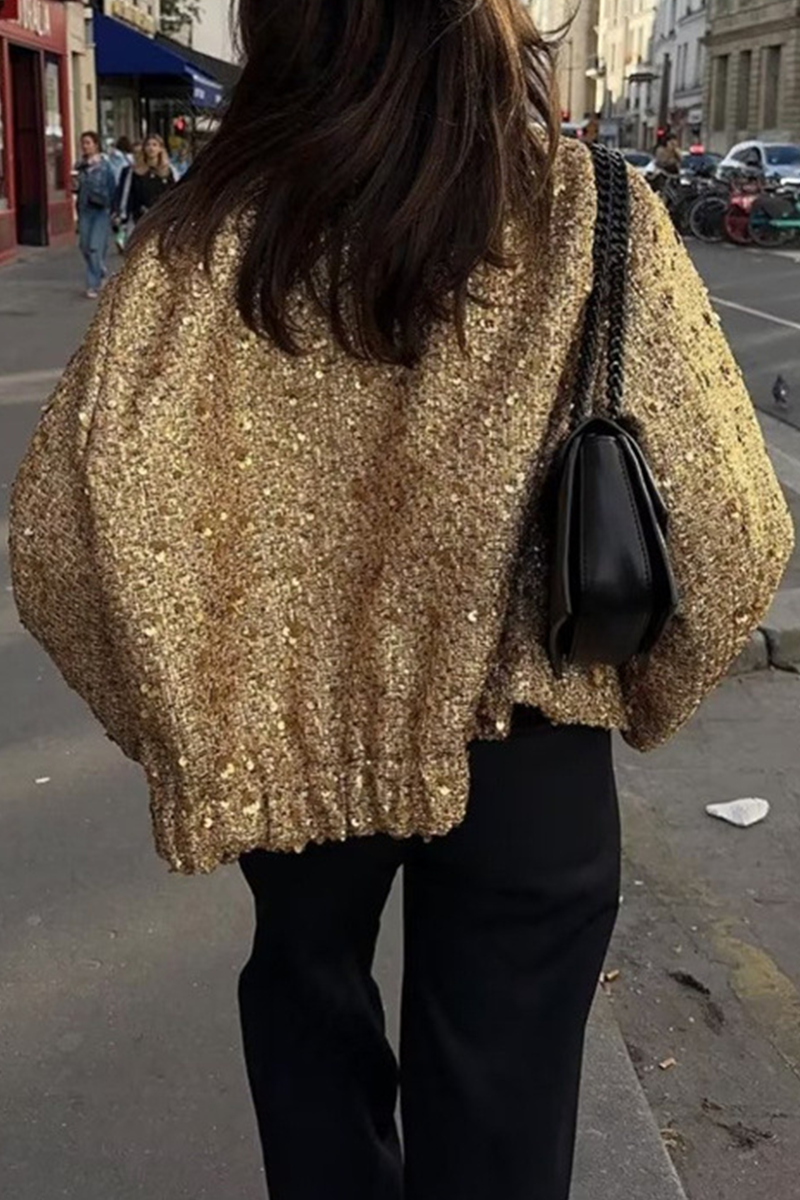 Elegant Solid Sequined Mandarin Collar Outerwear YE9862