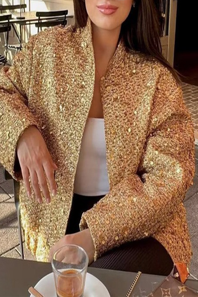 Elegant Solid Sequined Mandarin Collar Outerwear YE9862