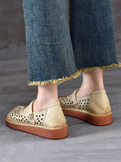 Women Summer Leather Solid Cutout Leather Flat Shoes OO1018 WZBQ