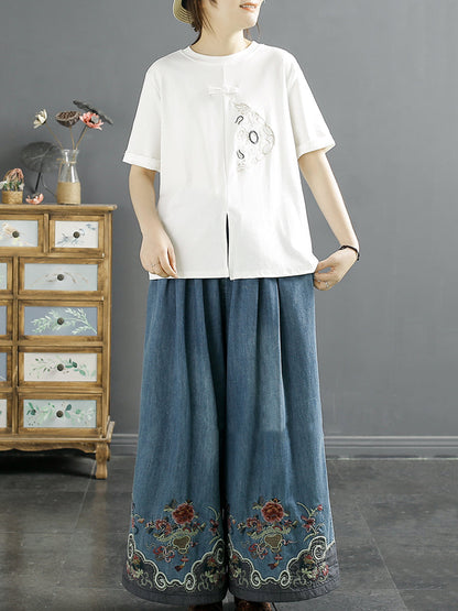 Women Summer Ethnic Embroidery Denim Wide-leg Pants SC1045 Ada Fashion