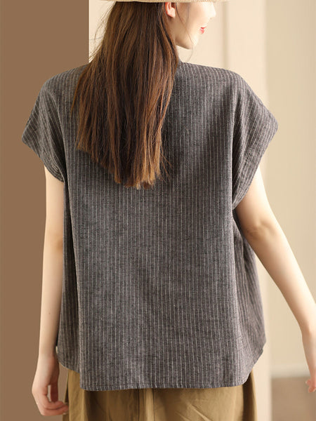 Women Artsy Summer Stripe Linen Button-up Shirt SC1046 Ada Fashion