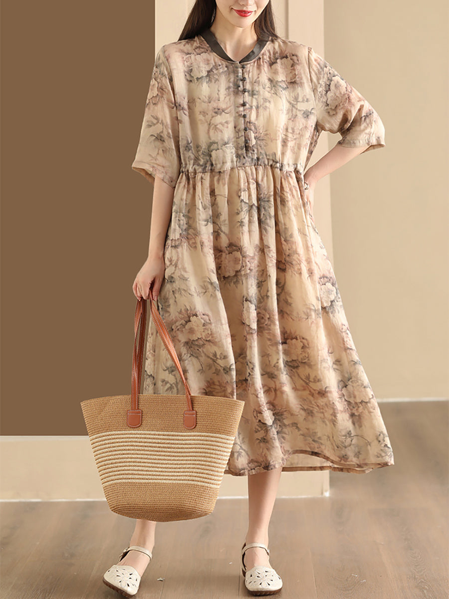 Women Summer Flower Stand Collar Ramie Dress OO1046 LPP