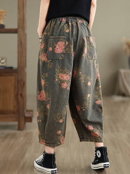 Women Summer Retro Flower  Denim Loose Pants II1003 BUYKUD