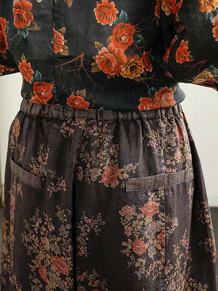 Women Summer Retro Floral Print Ramie Harem Pants CX052 BUYKUD