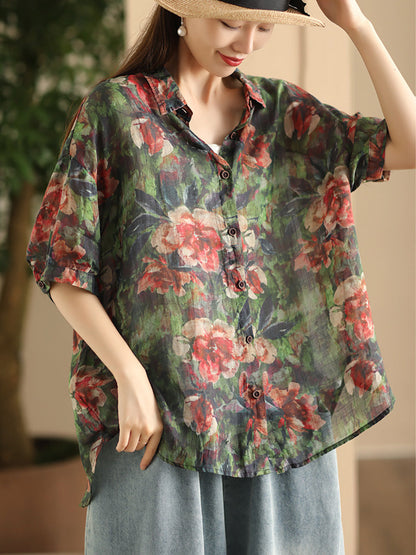 Women Summer Vintage Flower Patch Spliced Ramie Shirt FD039 BUYKUD