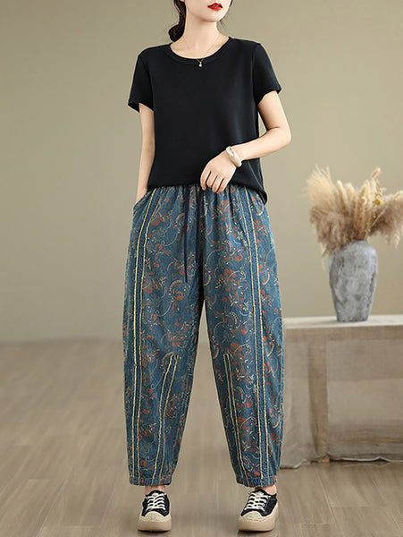 Denim Patchwork Pants Harem Women Retro Flower FashionChic