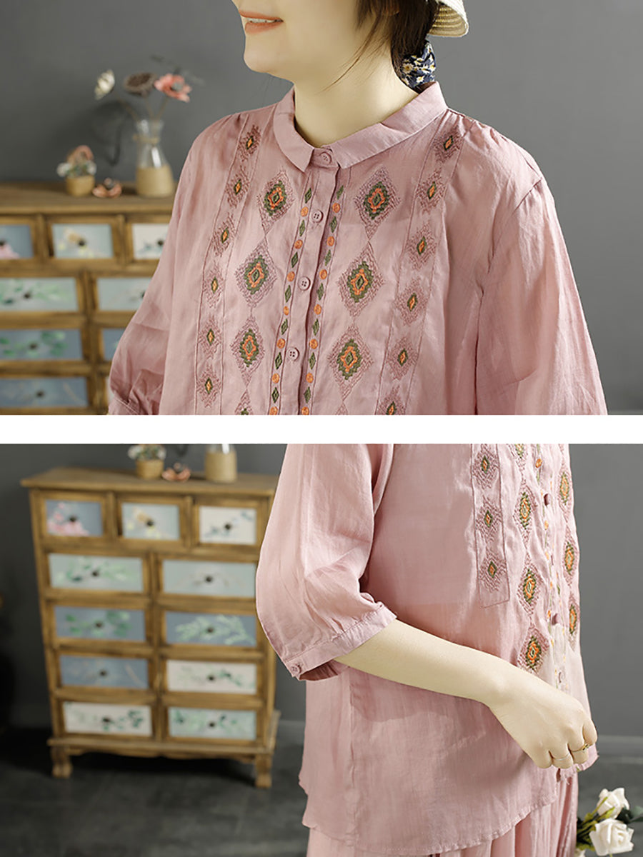 Women Ethnic Rhomboids Embroidery Ramie Button Up Blouse KL1031 Ada Fashion