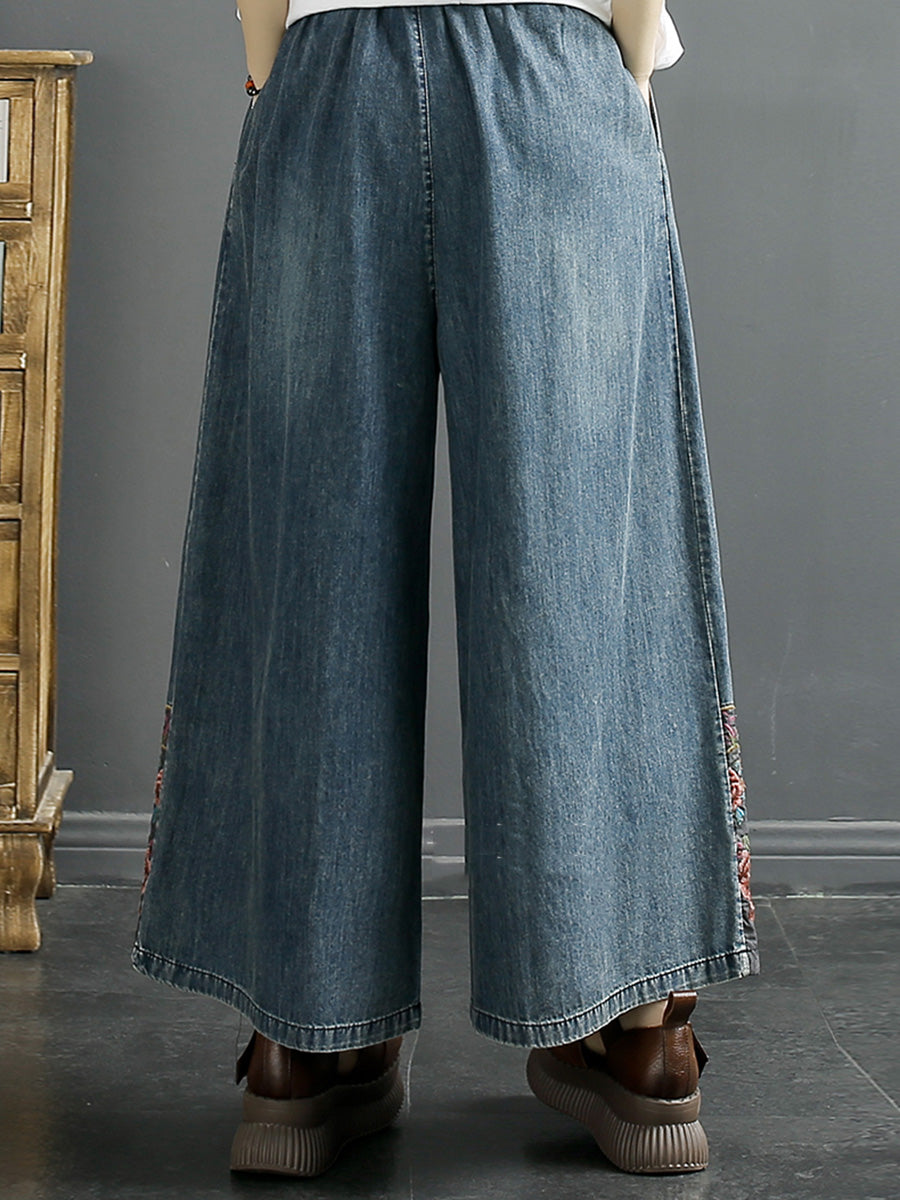 Women Vintage Summer Embroidery Wide-leg Denim Pants KL1007 Ada Fashion