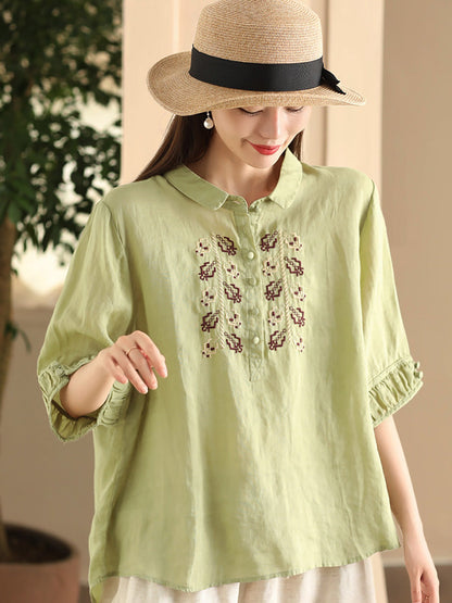 Women Summer Vintage Embroidery Turn-down Collar Ramie Shirt FD017 YDR