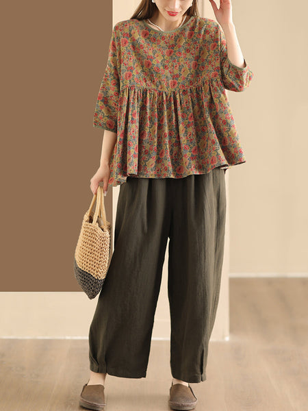 Women Summer Vintage Flower Spliced Loose Shirt XX1047 Ada Fashion