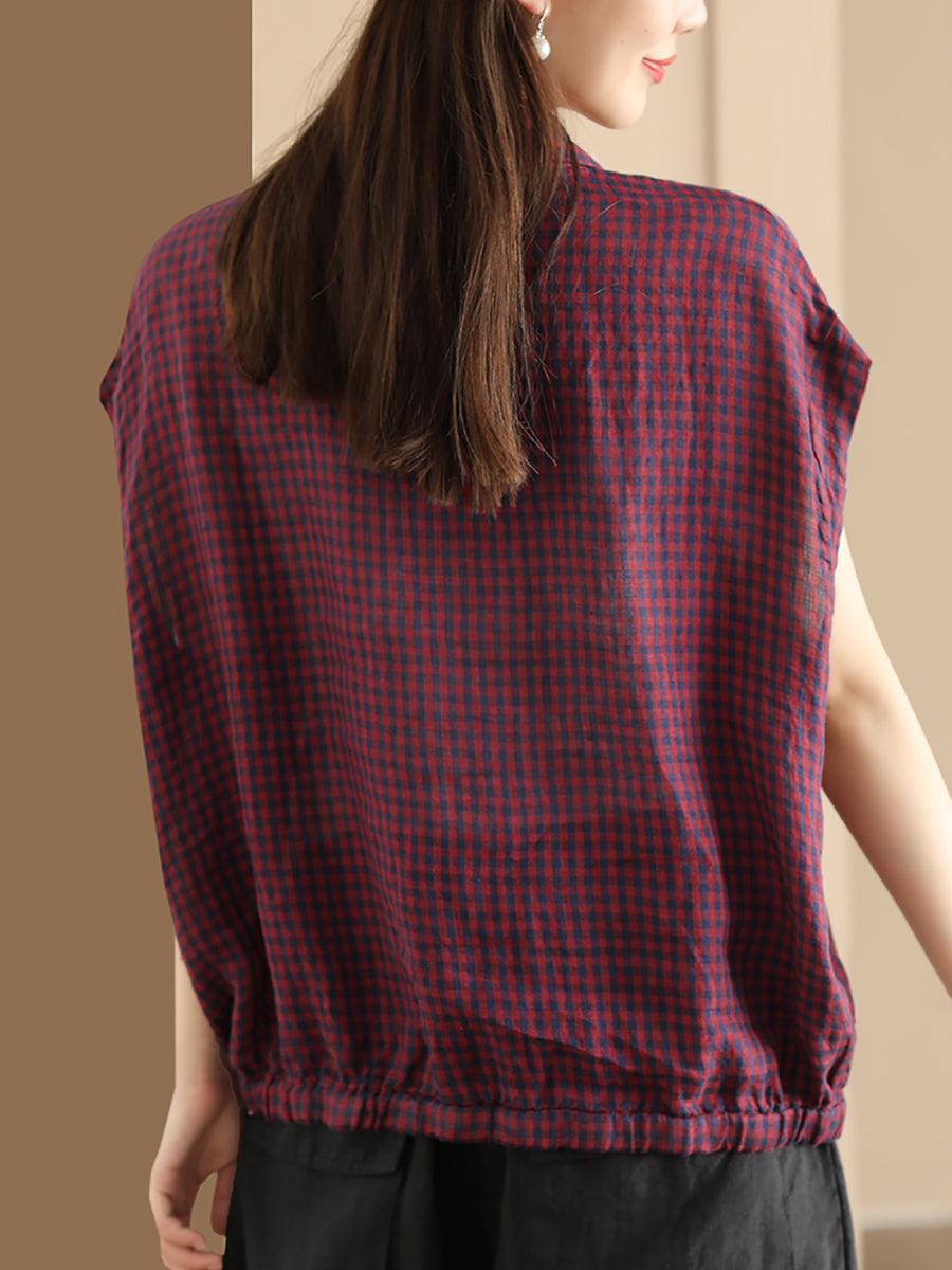 Women Summer Casual Plaid Button-up Linen Shirt HH013 BUYKUD