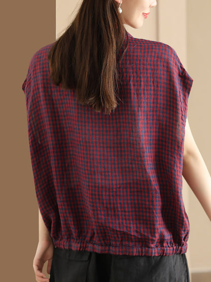 Women Summer Casual Plaid Button-up Linen Shirt HH013 BUYKUD