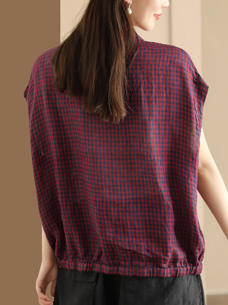 Women Summer Casual Plaid Button-up Linen Shirt HH013 BUYKUD