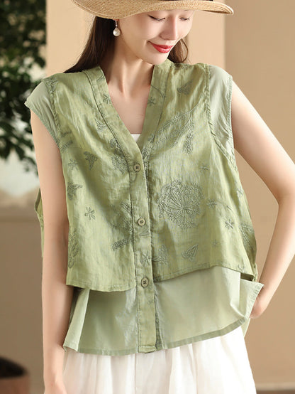 Women Summer Ethnic Embroidery Button-up Spliced Ramie Vest FD001 ZMMM