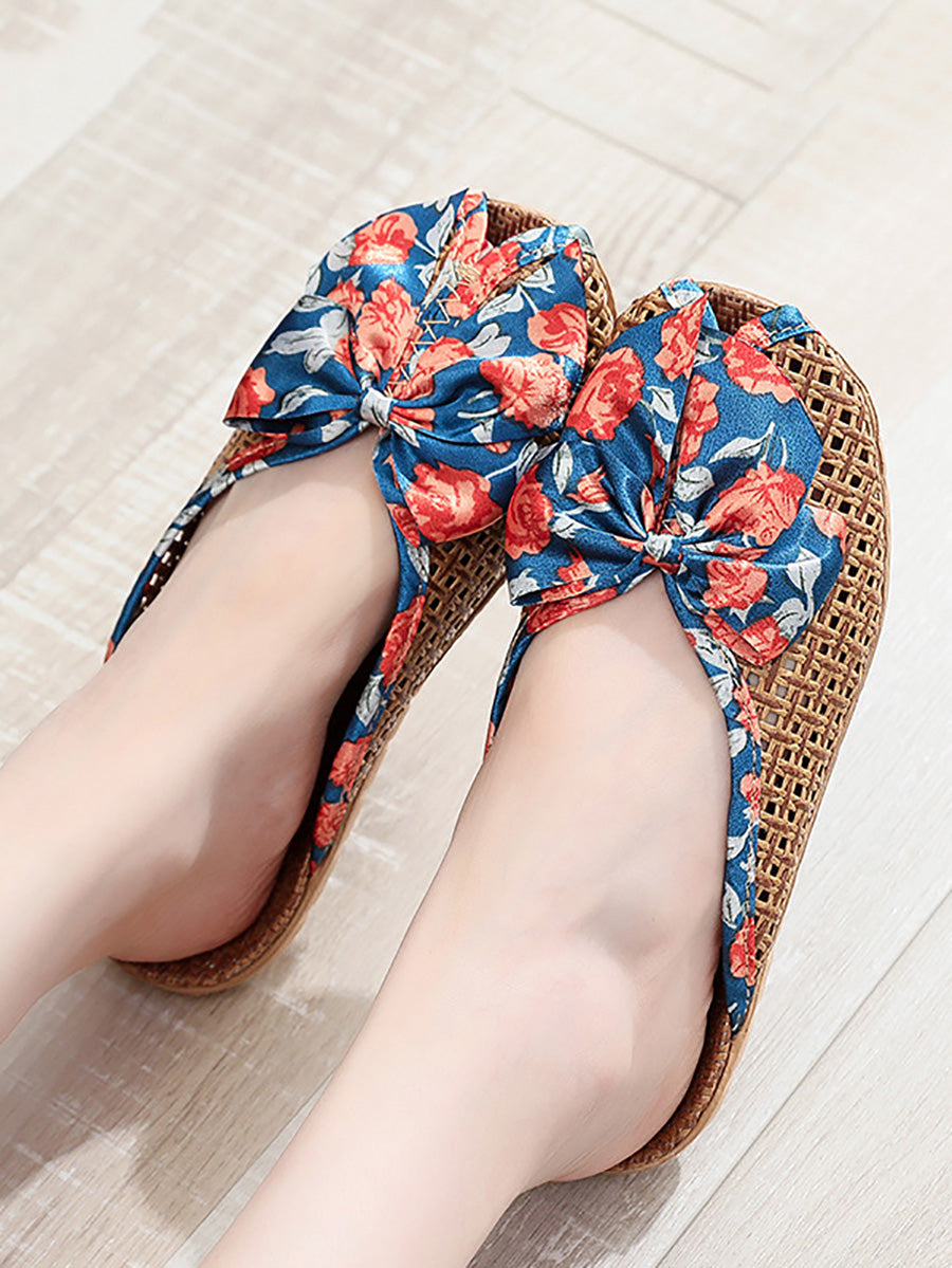 Bowknot Ethnic Weave Women Indoor Slippers Straw Flower FashionChic