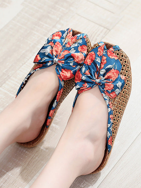 Bowknot Ethnic Weave Women Indoor Slippers Straw Flower FashionChic