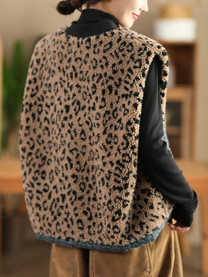 Women Autumn Retro Leopard O-Neck Dual-side Wearing Vest QN008 BUYKUD