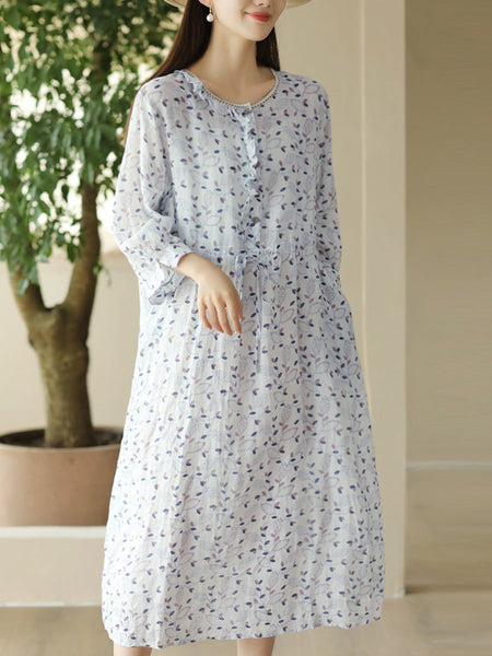 Women Summer Artsy Floral O-Neck Strap Ramie Dress FD010 SHWJ