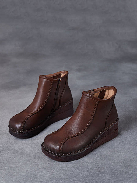 Women Retro Soft Leather Spliced Fleece-lined Mid-Heel Boots AH1081 YYDS