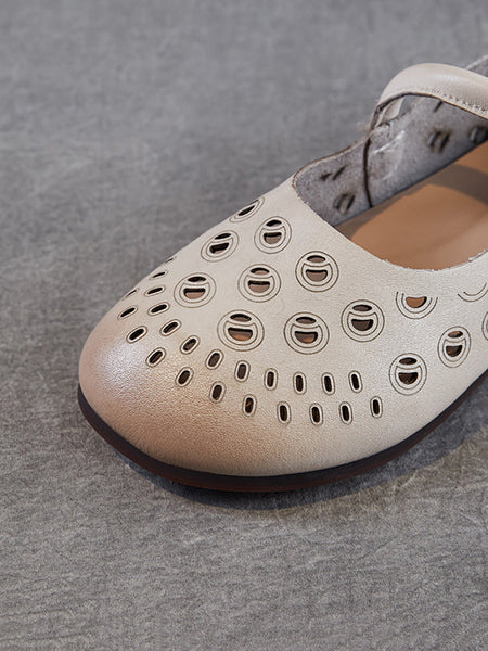 Genuine Shoes Women Summer Hollow Out Heel Low Leather FashionChic