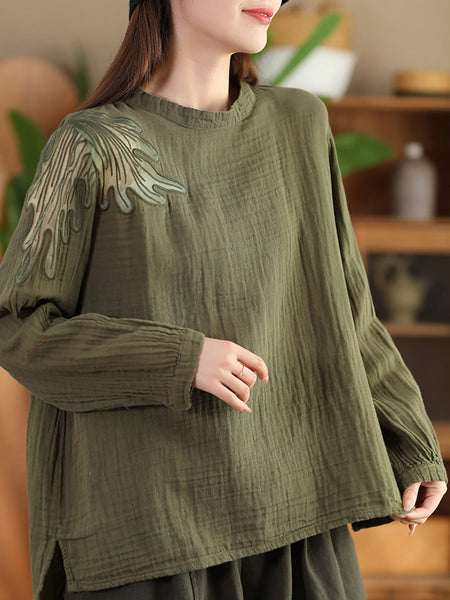 Women Autumn Artsy Embroidery Stand Collar Cotton Blouse AI1076 ZMMM