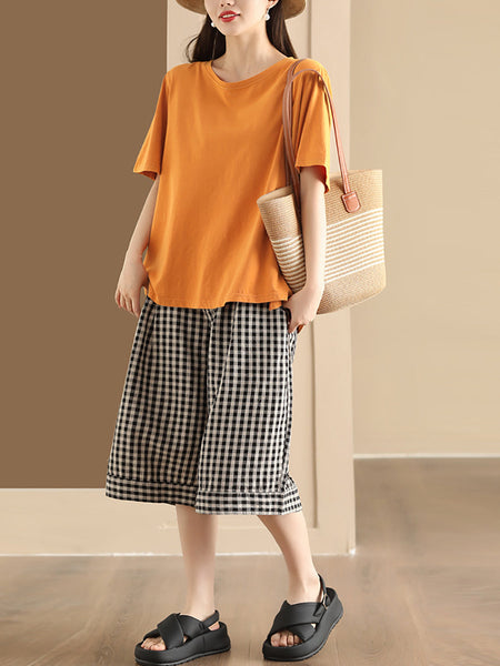 Women Summer Casual Plaid Linen Wide-leg Pants PP1028 BUYKUD