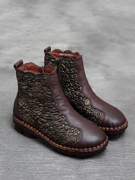 Women Retro Flower Leather Spliced Zipper Low Heel Boots AT1067 RXMY