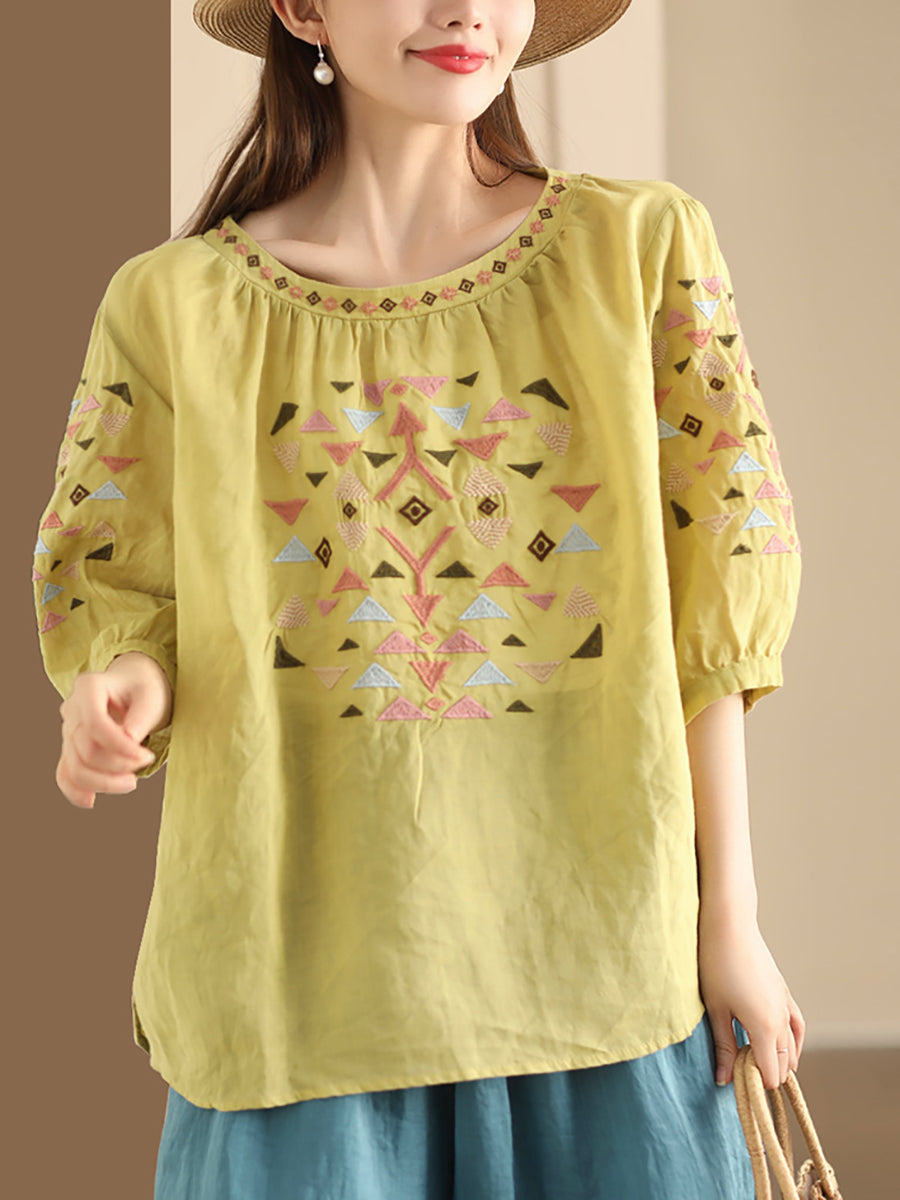 Women Summer Vintage Embroidery O-Neck Ramie Shirt OP1042 BUYKUD