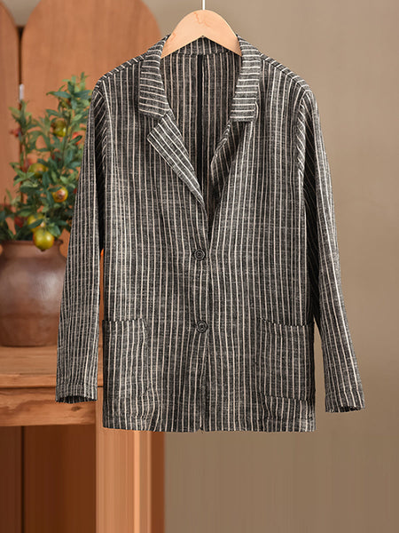 Plus Size Women Vintage Stripe Spring Linen Shirt+Pants II1057 BK