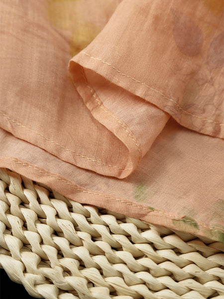 Women Summer Vintage Flower Buckle V-Neck Ramie Shirt HH014 BUYKUD