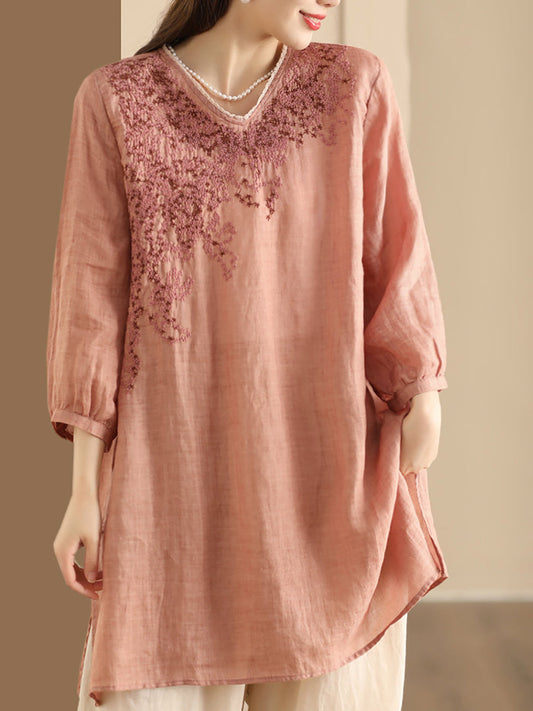 Women Summer Artsy Embroidery Ramie Long Shirt AS1022 Ada Fashion