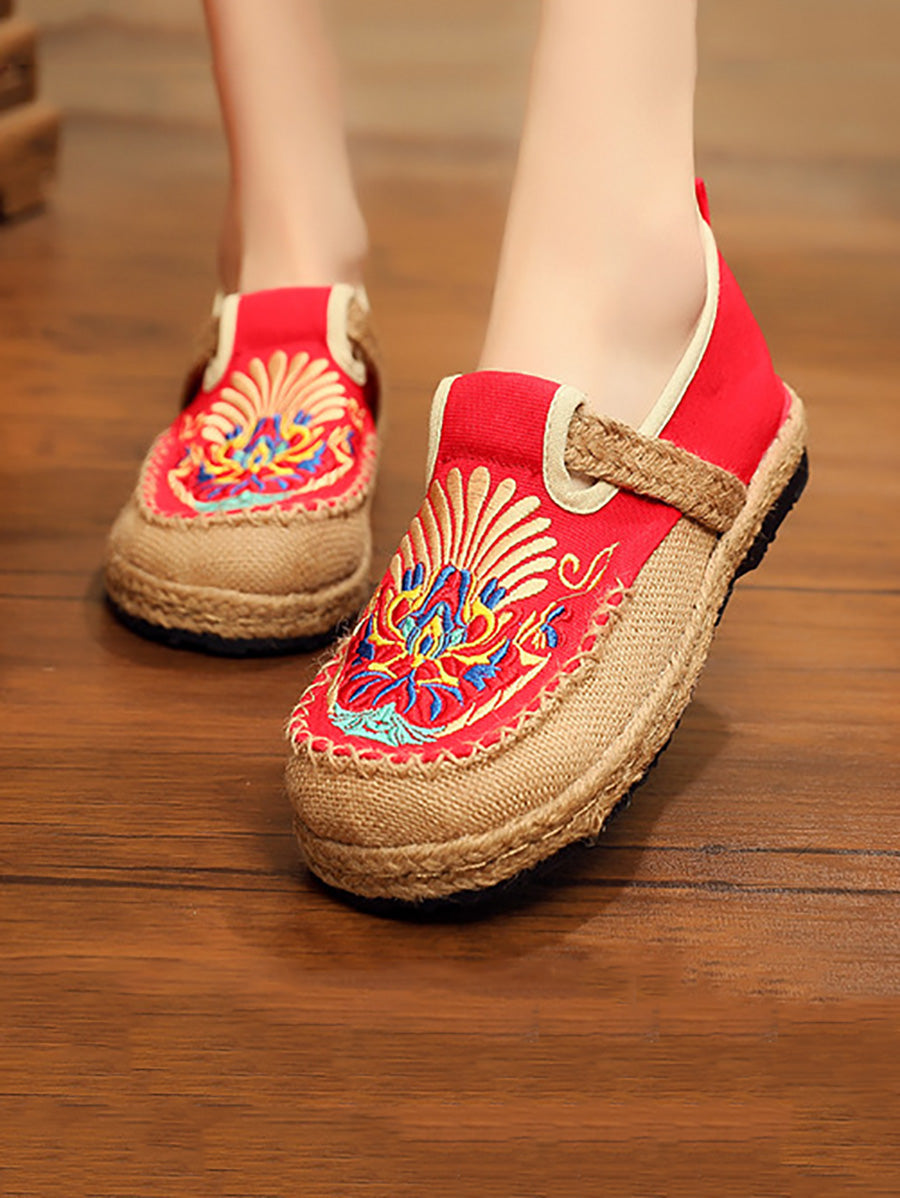 Women Summer Ethnic Embroidery Cloth Linen Flat Shoes AH1011 TACH