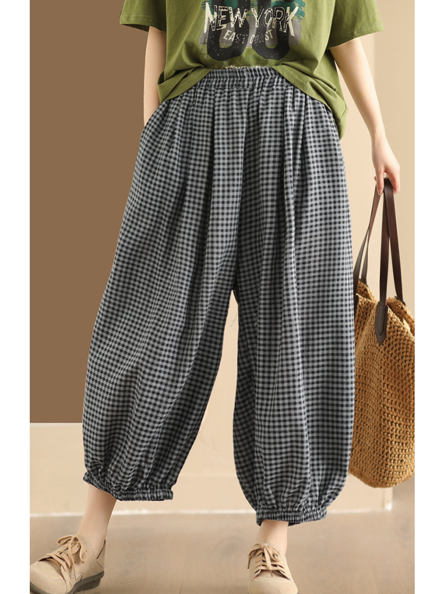 Women Summer Vintage Plaid Cotton Harem Pants ZZ1046 Ada Fashion